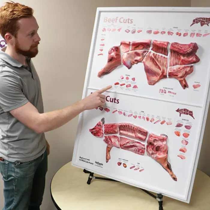 3D plagát: najbežnejšie spôsoby krájania mäsa – hovädzie, bravčové