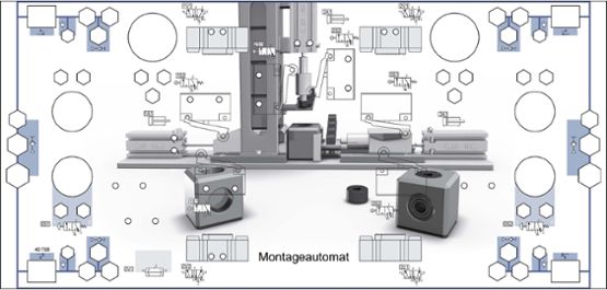Pneumatický projektový montážny stroj